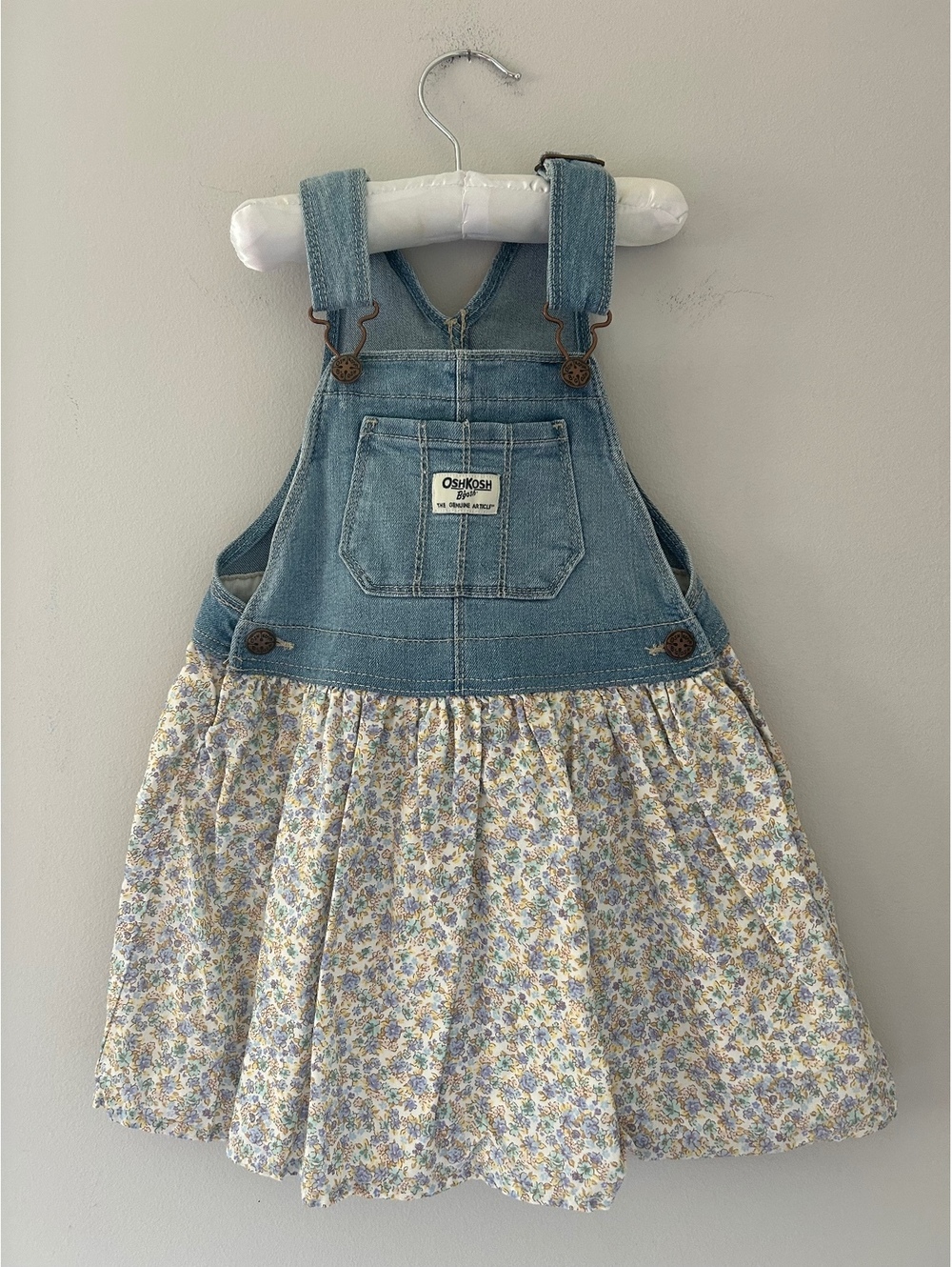 Oshkosh B’Gosh Denim Overalls Dress with Floral Print Skirt Girls Size 4T
